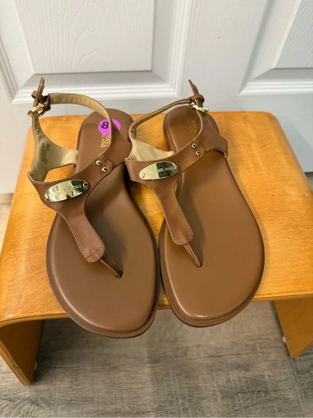 Michael Kors Brown Leather T-Strap Sandals with Gold Accents